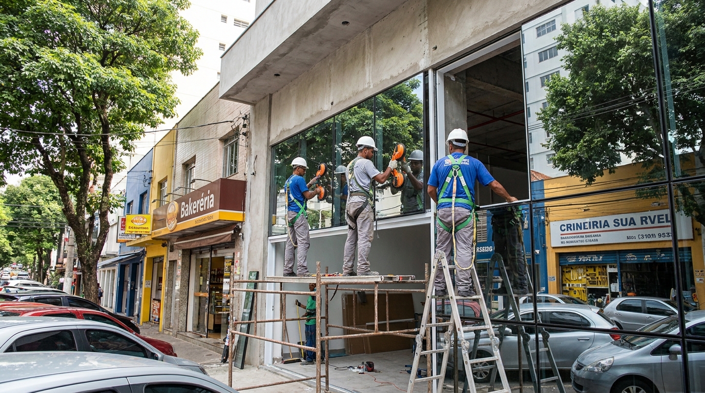 Fachada de vidro com confeitaria vizinha em Londrina-PR