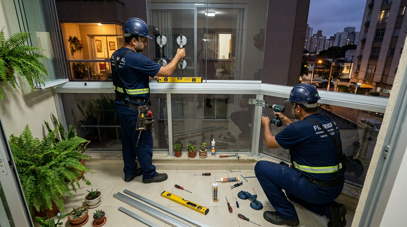 Instalação noturna de parede de vidro em Londrina-PR