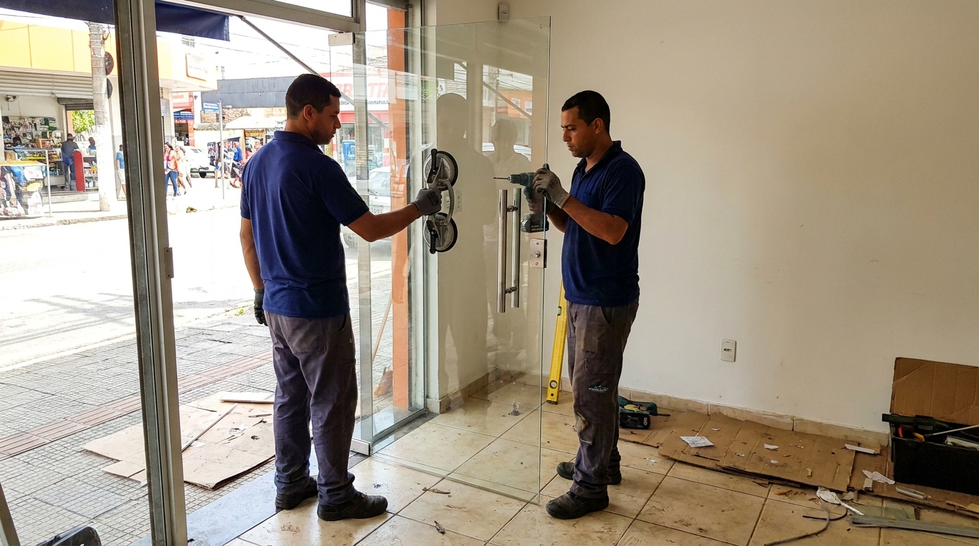 Porta de vidro de loja em rua movimentada em Londrina-PR
